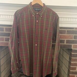 Ralph Lauren Classic Fit XL Woven button-down collar in maroon/olive/tan.